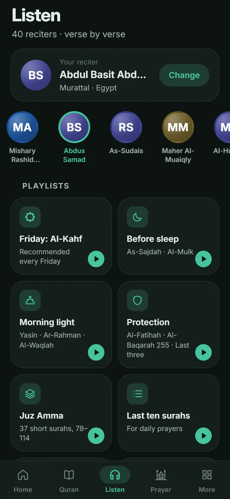The Listen screen with reciters and playlists